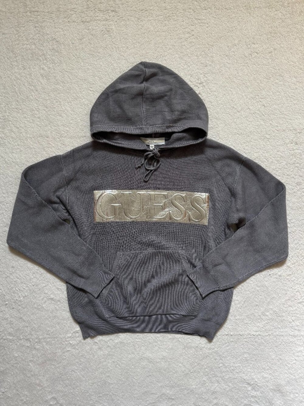 GUESS Vintage 90s Grey Hoodie with Silver Metallic Logo